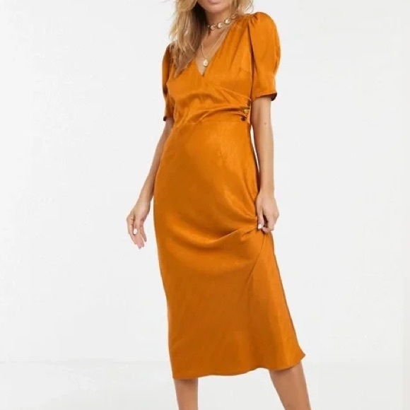 Moon River Dresses & Skirts - Moon River Burnt Orange Copper Midi Dress | Puff Sleeves Tie Back Size Large